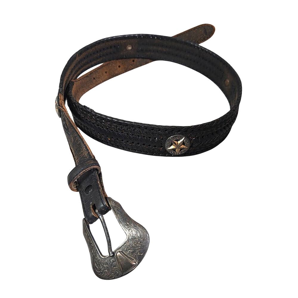 Vtg Braided Leather Western Star Concho BELT 40 Brown Silver Buckle Rodeo